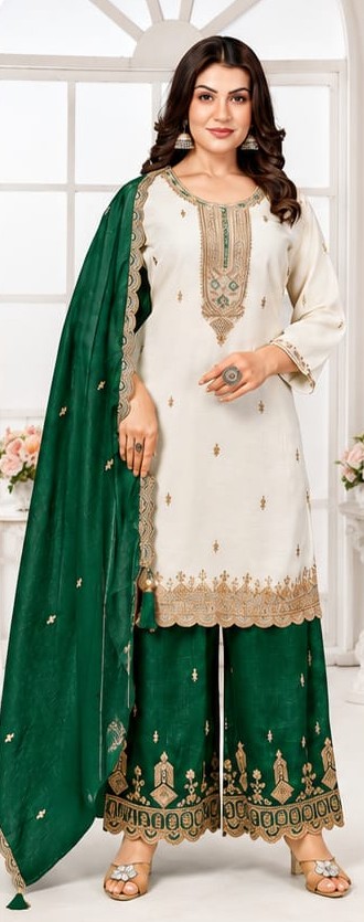 Women's Emerald Green Embroidered Kurti & Palazzo Set