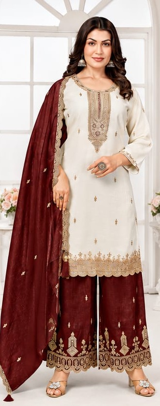 Women's Royal Maroon Embroidered Kurti & Palazzo Set