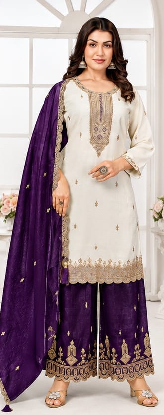 Women's Imperial Purple Embroidered Kurti & Palazzo Set