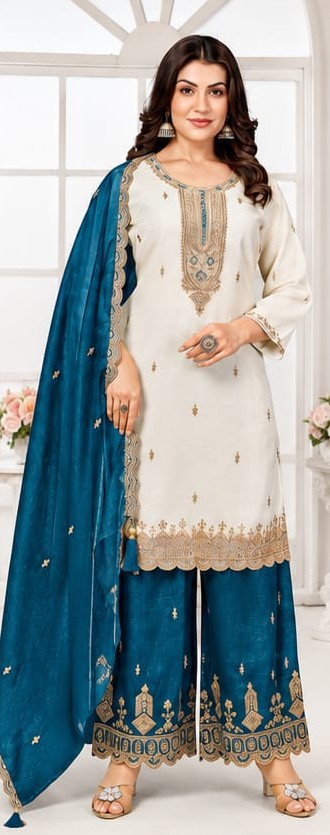Women's Peacock Teal Embroidered Kurti & Palazzo Set