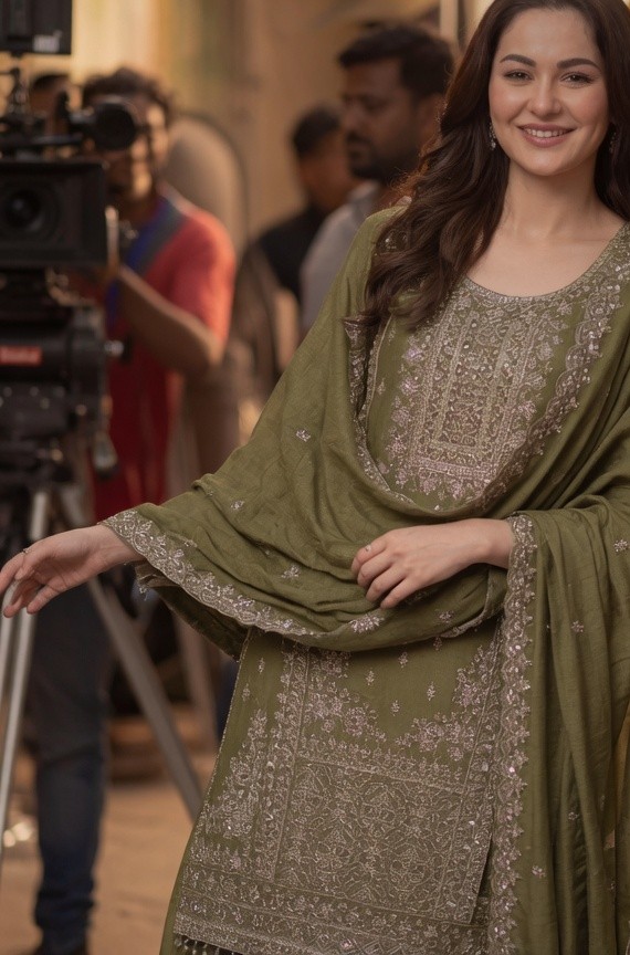 Women's Olive Green Heavy Embroidered Sharara Suit preview 2