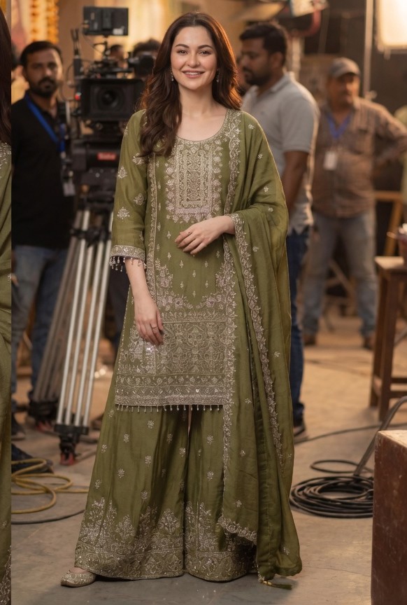Women's Olive Green Heavy Embroidered Sharara Suit