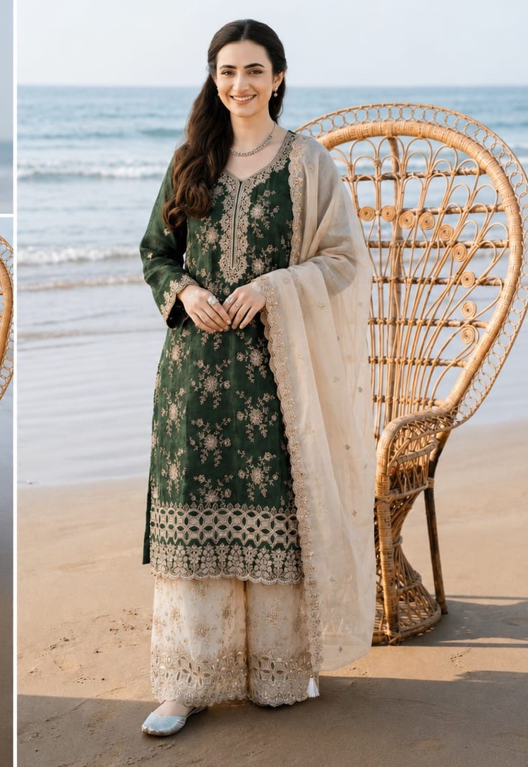 Women's Bottle Green & Cream Designer Kurti Palazzo Set