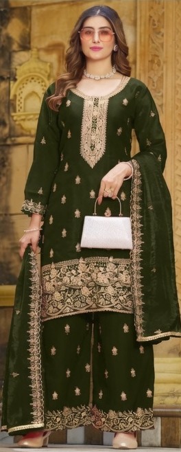 Women's Deep Olive Zari Embroidered Kurta Sharara Set