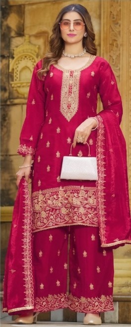 Women's Rani Pink Gold Embroidered Kurta Sharara Set