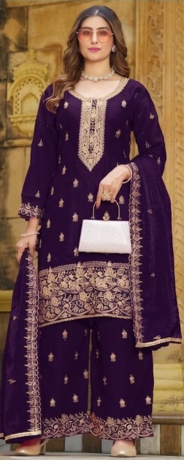 Women's Royal Violet Gold Embroidered Kurta Sharara Set