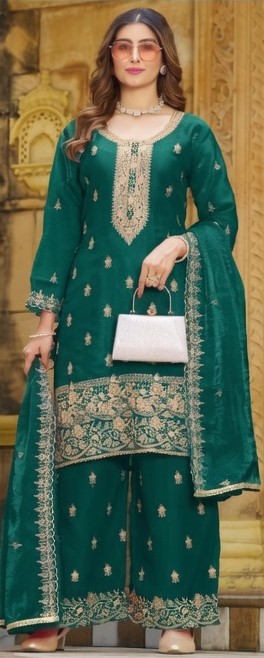 Women's Peacock Teal Gold Embroidered Kurta Sharara Set